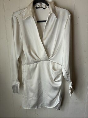 Zara White Satin Wrap Dress with Collar